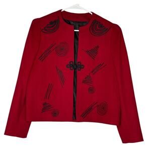 Vintage Red Wool Cropped collarless blazer black accents & frog goggle size M